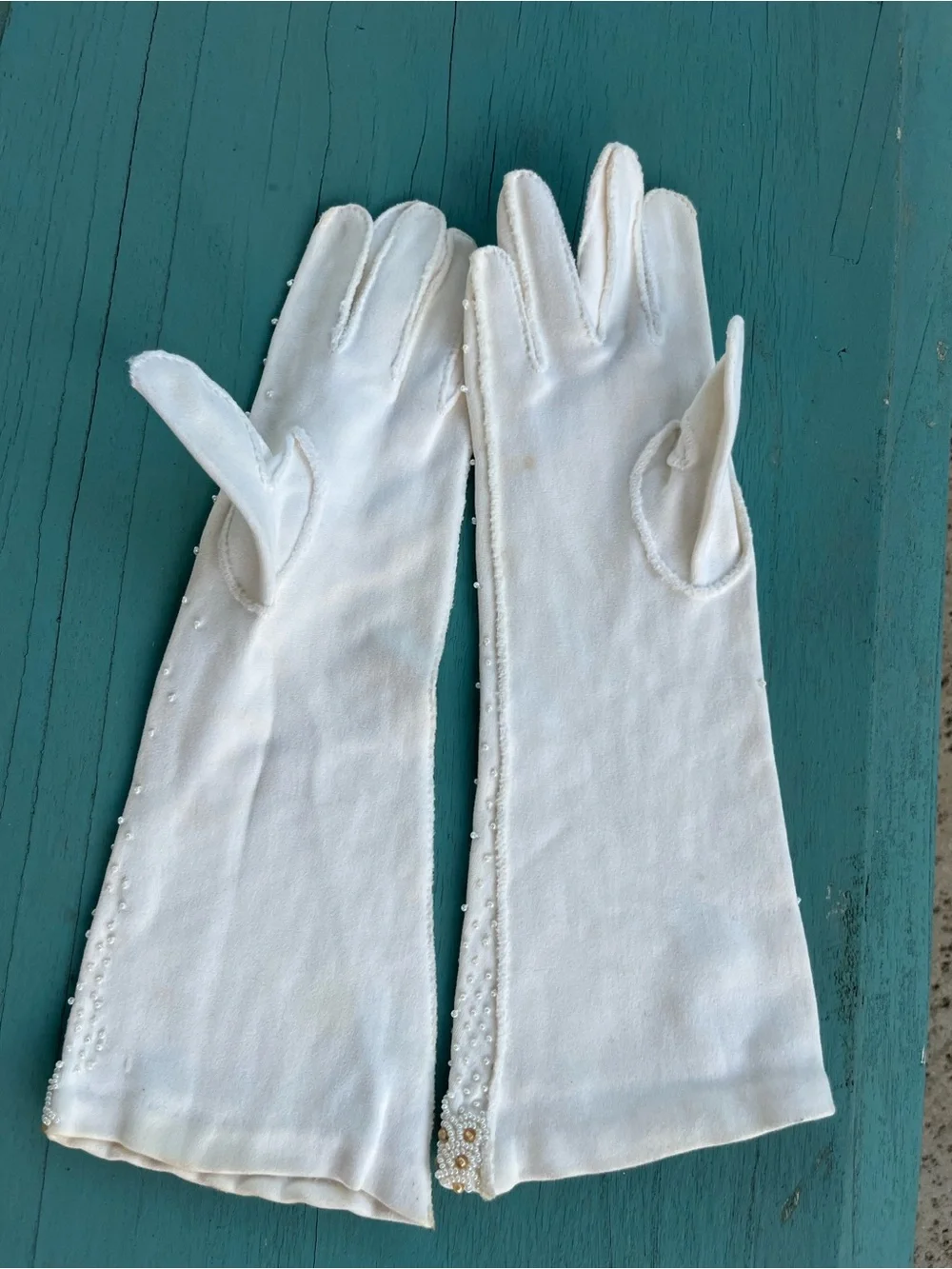 Exquisite vintage hand-beaded long formal gloves, 100% Double Cotton